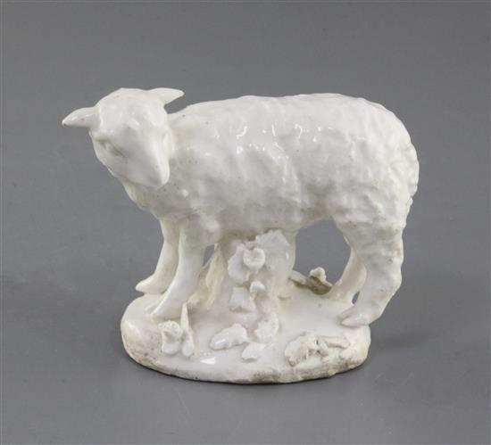 A rare Derby Dry-Edge figure of a lamb, c.1750-5, l.10.5cm, one ear restored